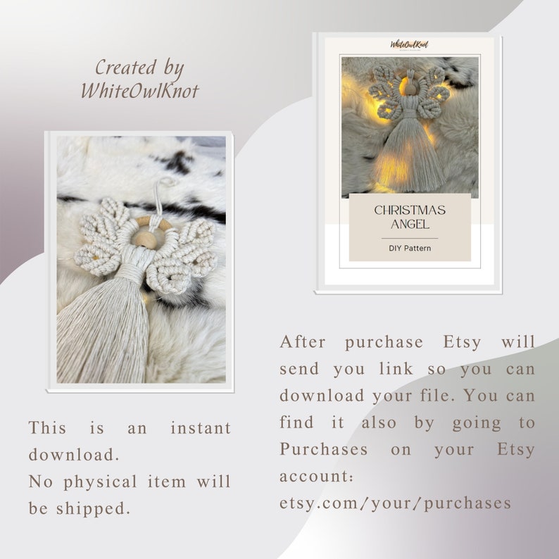 Macramé Christmas angel DIY pattern preview with two images of the angel ornament and text explaining that the product is an instant digital download with no physical item shipped.