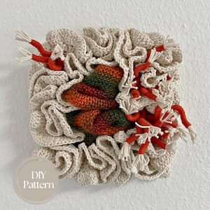 Pode incluir: Uma tapeçaria de parede quadrada de crochê bege texturizado com bordas franzidas. O centro apresenta um aglomerado de elementos de malha laranja, verde e marrom. Acentos de fio vermelho brilhante com borlas brancas são presos às bordas. O texto "DIY Pattern" está em um círculo no canto inferior esquerdo.