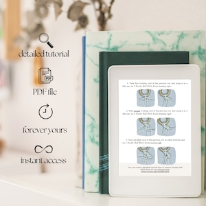 Digital macramé tutorial displayed on a tablet next to books, with icons indicating detailed instructions, PDF file, lifetime access, and instant download.