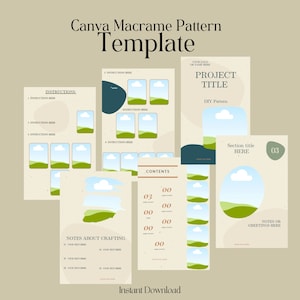 May include: A digital printable template for a macrame project. The template includes instructions, a contents page, and a notes section. The design features a green and blue landscape with clouds.