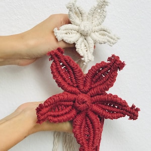 Puede incluir: Dos adornos de estrellas de macram&eacute;, uno blanco y otro rojo, colgando de una pared blanca.
