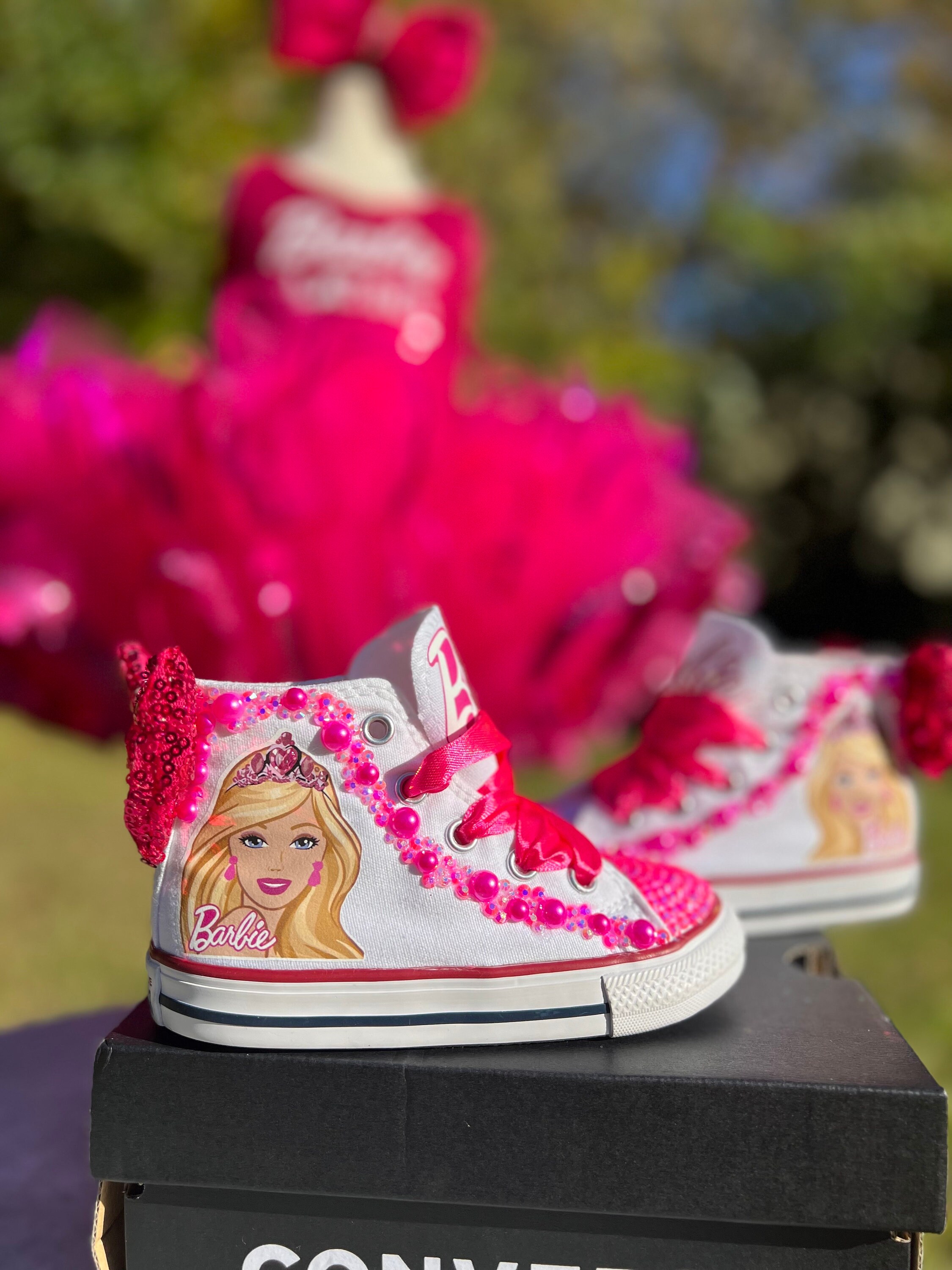 Barbie shoes- Barbie bling Converse-Girls Barbie Shoes – Pink Toes & Hair  Bows