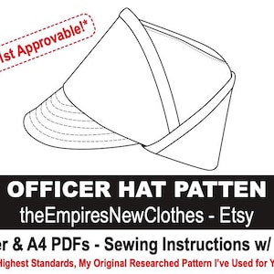 Puede incluir: Dibujo lineal de un patrón de sombrero de oficial. El texto "501st Approvable!*" está en un óvalo punteado rojo. El texto "OFFICER HAT PATTEN" está encima de "theEmpiresNewClothes - Etsy". Debajo está "Letter & A4 PDFs - Sewing Instructions w/ Pics".