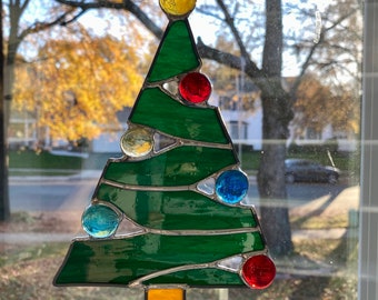 Modern Christmas Tree with Ornaments Stained Glass Suncatcher