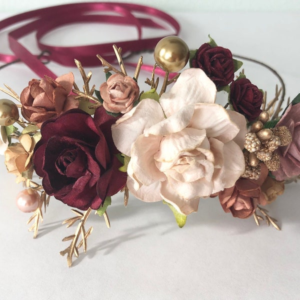 Burgundy rose crown, woodland fairy rose wreath, gold bridal hairpiece, flower girl crown, boho wedding, burgundy and gold rose tiara