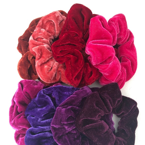 Holiday velvet scrunches, silk velour scrunches, red and purple tones velvet hairpieces