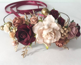 Bourgondische en gouden bloemenkroon, haarstukje herfstbruiloft, bruids, tiara bloemenmeisje