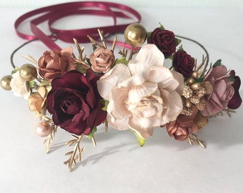 Burgunderrote rosenkrone, gold rosenkranz, gold brautshaarteil, Blumenmädchen krone, boho wedding, weinrot und gold rose Tiara