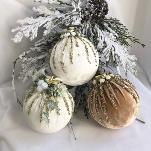 White and gold Christmas ornaments, Velvet Christmas balls, handcrafted velvet ornaments