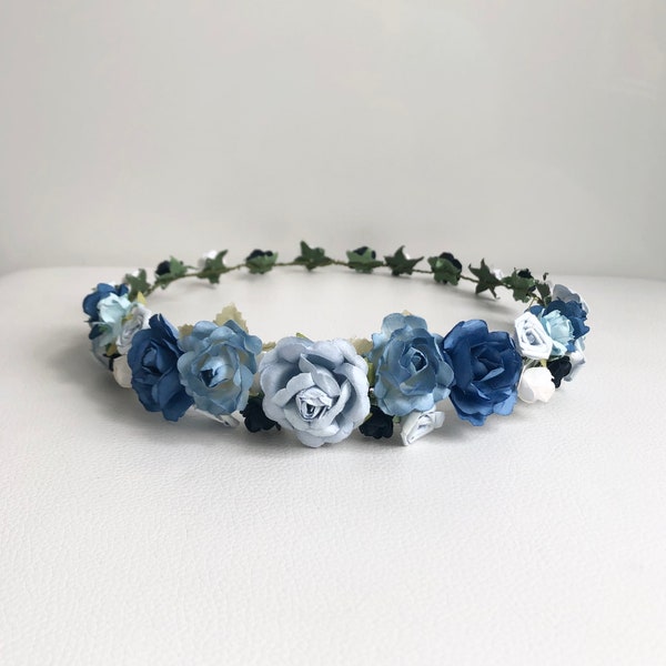 Blue flower crown, bridal hairpiece, bridesmaid or flower girl crown, rose crown, toddler tiara