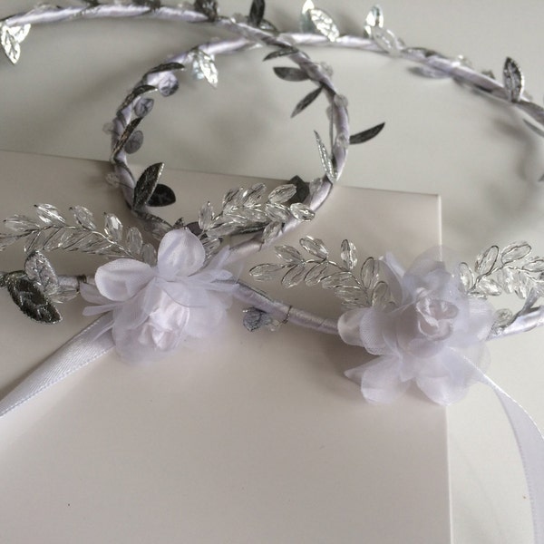 Greek Stefana, wedding tiaras, traditional Orthodox Wedding Stefana, pair of wedding crowns, silver or gold leafs Stefana