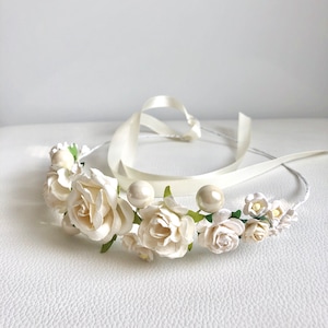 Wedding ivory rose crown , off white bridal hairpiece, first communion crown, flower girl crown, roses  and beads tiara, wedding headband