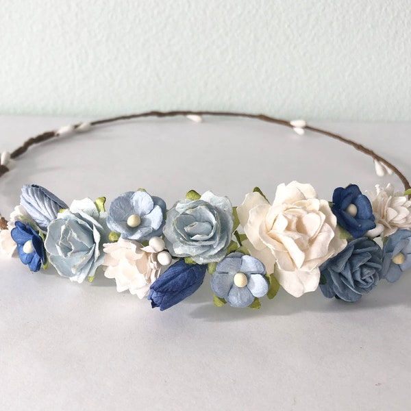 Blue rose crown, woodland fairy crown, baby blue and ivory bridal hairpiece, flower girl crown, bridal tiara, wedding hair accessory