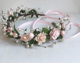 Wedding flower crown, pearl garland, rose wreath, bridal hairpiece, flower girl crown, bridesmaid floral headpiece