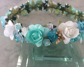 Turquoise & white Silk Poly Rose Halo Flower Girl Head Piece Band Green Leaves