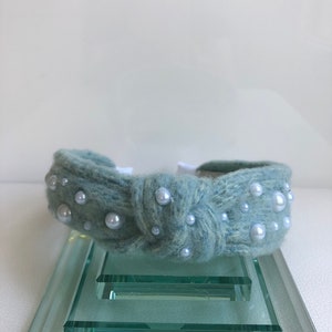 Knotted headband, top knot aqua headband , toddler headband, light greenish blue headband with pearl beads or plain.