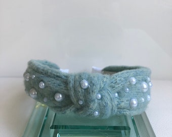 Knotted headband, top knot aqua headband , toddler headband, light greenish blue headband with pearl beads or plain.