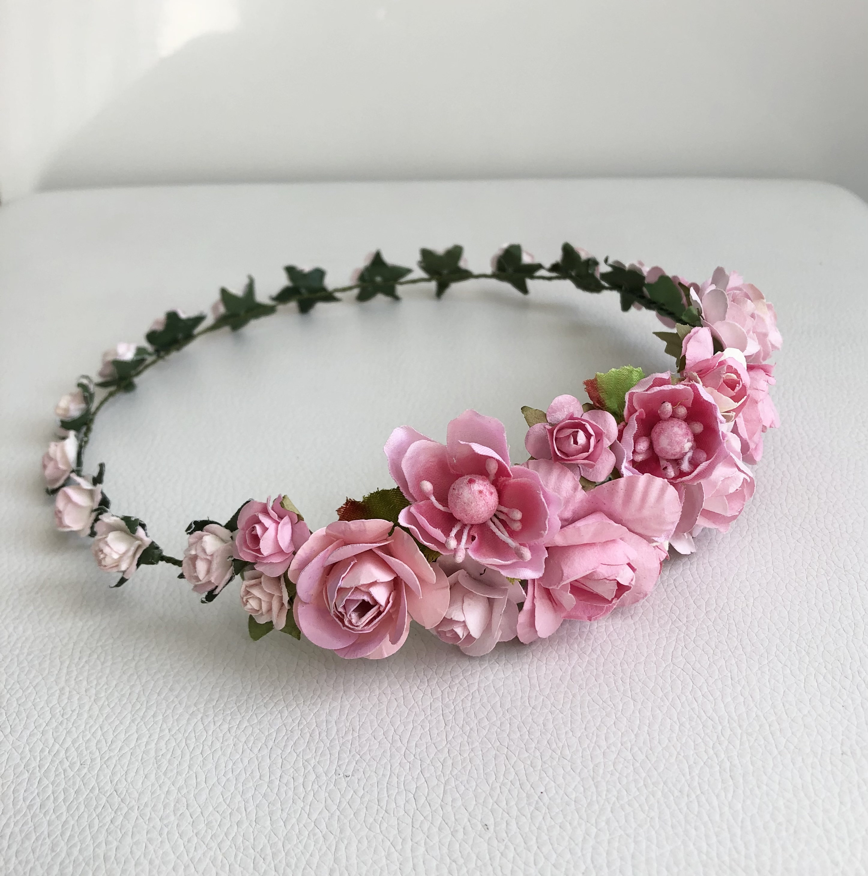 Pink Rose Flower Crown: Wedding Tiara, Flower Girl Headband 
