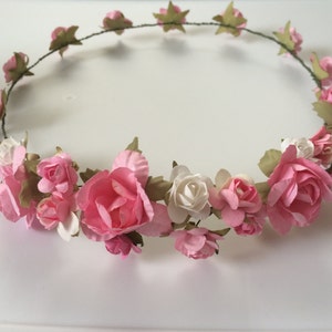 Flower crown, rose crown, pink roses tiara, flower girl headband, bridal headband, bridesmaid headband, pink and white hairpiece