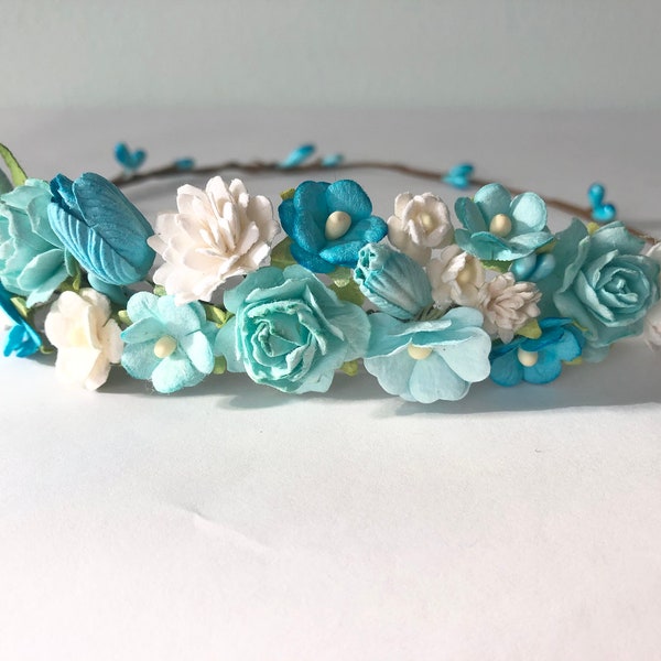 Turquoise rose crown, woodland fairy crown, aqua blue and ivory bridal hairpiece, flower girl crown, bridal tiara, wedding hair accessory
