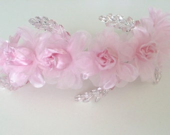 Bridal hair accessory, wedding hairpiece, pink silk roses ombre bead garland hairpiece, pale pink bridal headpiece