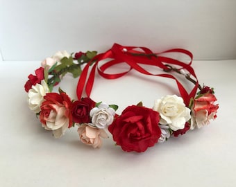 Large Red Rose Flower Garland Circlet Headband Wreath Hair Crown Festival 992 