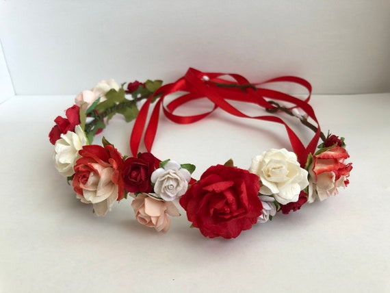 Flower Crown Red Rose Crown Flower Girl Headband Two Tone Red Roses Bridal Headband Bridesmaid Headband Red and White Hairpiece Etsy Canada