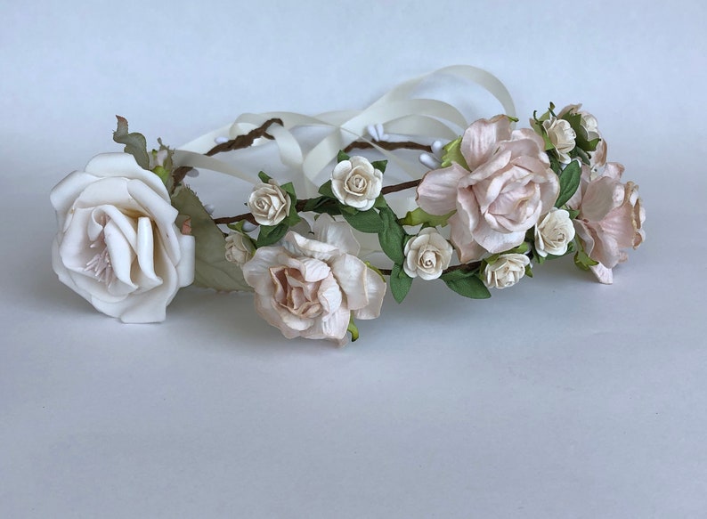 victorian style bridal hairpiece flower girl crown boho wedding ivory and beige rose tiara woodland fairy tiara Cream rose crown