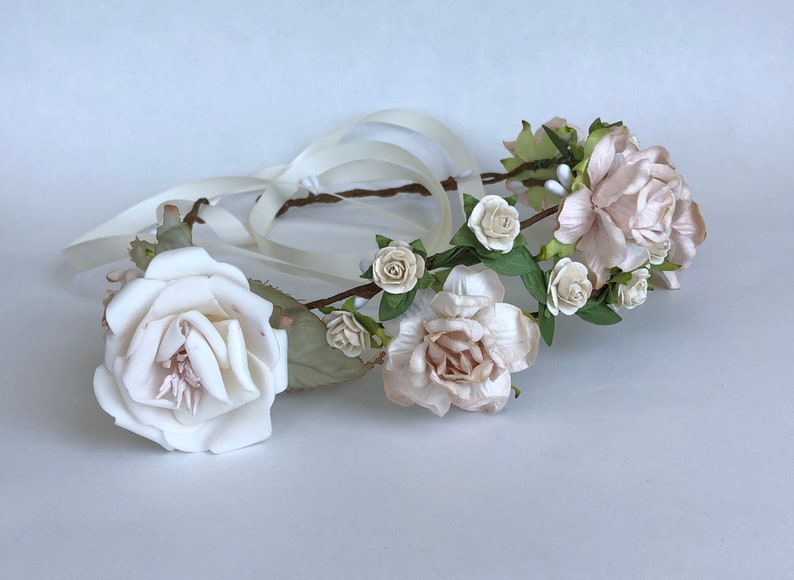 victorian style bridal hairpiece flower girl crown boho wedding ivory and beige rose tiara woodland fairy tiara Cream rose crown