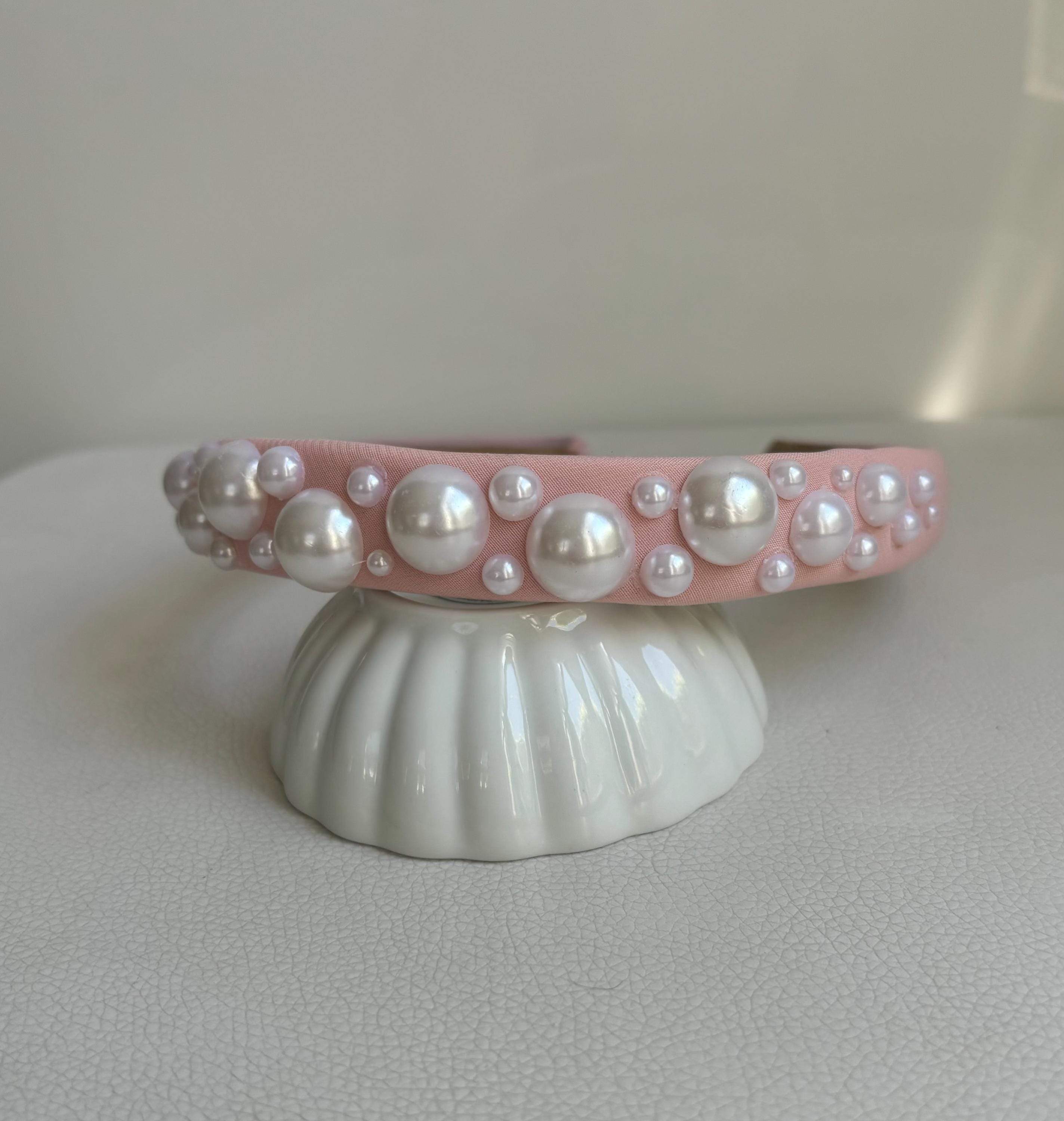 Pearl-Embellished Pink Padded Headband - Women Accessories Pearl Headband Metallic Pink Chunky Padded Assorted Pearls  main image 3