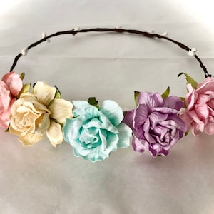 Unique tea rose crown, Pastel color crown, flower girl crown,magical unicorn crown,easter rose headband, toddler headband, wedding headband