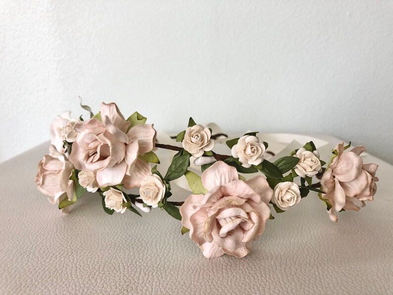 victorian style bridal hairpiece flower girl crown boho wedding ivory and beige rose tiara woodland fairy tiara Cream rose crown