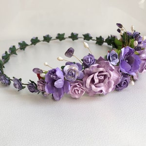 Purple Rose Flower Crown: Natural Amethyst & Pearls Bridal Tiara