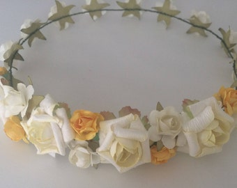 Flower crown, rose crown, yellow roses tiara, flower girl headband, bridal headband, bridesmaid headband, yellow and ivory hairpiece