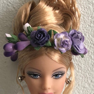 Doll accessories, purple miniature flower crown, american girl doll crown, Blythe flower wreath, fashion doll crown, small animal headband image 2