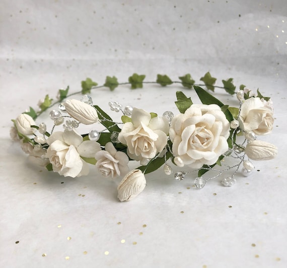 Wedding Bridal Headpiece Crystal with Flowers Ivory Bridal enamel flower headband - Regal enamel flower and  main image 3