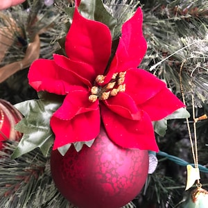 Red Christmas tree ornament, Christmas ornaments, red glass ornament with velvet poinsettia and velvet ribbon , Christmas decoration