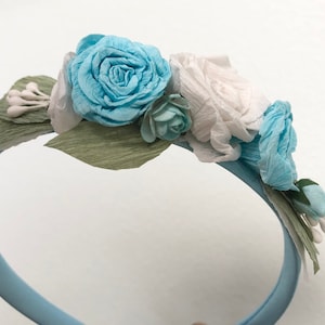 Turquoise headband, flower girl headband , toddler headband, bright blue and white rose headband, blue satin headband