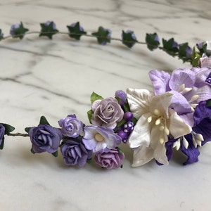 Lilies and roses crown,lavender and ivory lily tiara, flower girl headband, bridal hair accessory, bridesmaid crown, victorian lilac crown