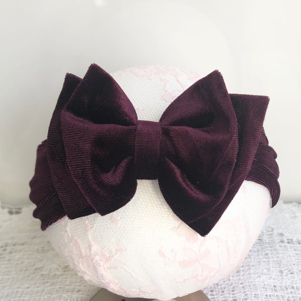 Christmas velvet headband, dainty newborn baby headband, velour bow headband, baby girl headpiece