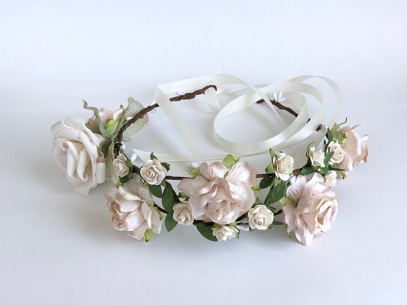 victorian style bridal hairpiece flower girl crown boho wedding ivory and beige rose tiara woodland fairy tiara Cream rose crown