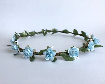 Corona de flor de rosa azul, diadema para niños pequeños, corona de niña de las flores, tiara de niña de las flores, corona de rosas, diadema de flores, tocado de novia