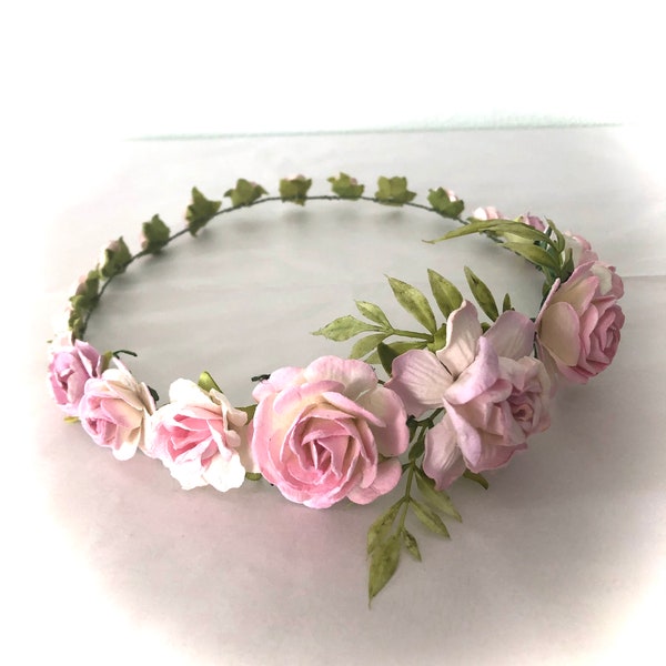 Pink rose crown, white pink tips roses tiara, flower girl halo, bridal, bridesmaid hairpiece, toddler floral crown