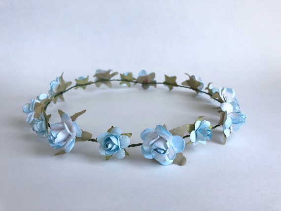 Corona Di Fiori Rosa E Fascia Da Polso Floreale Per Nozze – Set Blu, Fatto A Mano, Taglia Unica Regolabile