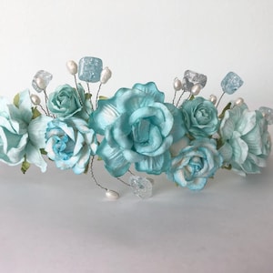 Flower crown with sea glass and pearls, aqua rose tiara, flower girl headband, bride, bridesmaid tiara, aqua blue rose crown with gemstones