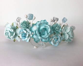 Flower crown with sea glass and pearls, aqua rose tiara, flower girl headband, bride, bridesmaid tiara, aqua blue rose crown with gemstones