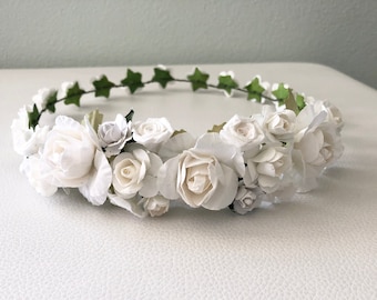 White rose crown, first communion crown, flower girl headband, bridal headband, bridesmaid headband, white roses hairpiece