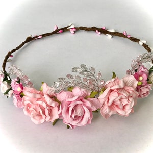 Pink Rose Crown: Ombré Bead Flower Girl Headband