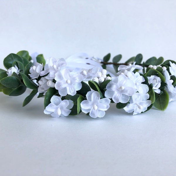 Eucalyptus bridal crown, wedding hairpiece, bridesmaid, flower girl crown, white rose hydrangeas eucalyptus wreath, first communion crown