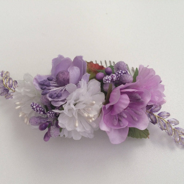 Decorated hair comb, wedding hairpiece, purple rose and beads garland hair comb, flower girl, bridal, bridesmaid headpiece